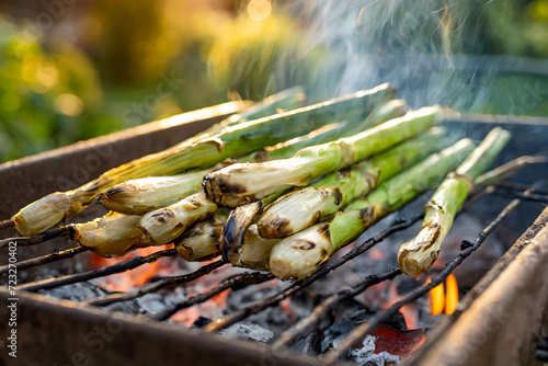 Grilled Calçots, Traditional Catalan Onions, on a Barbecue in an Outdoor Garden Setting photo