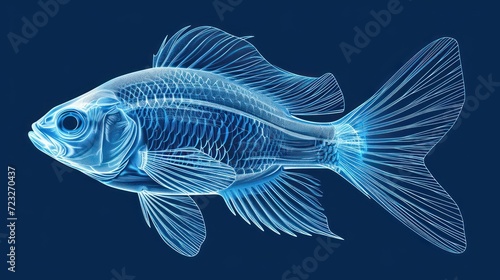  a close up of a fish on a blue background with a light reflection on the side of the fish's body and back end of the fish's body.