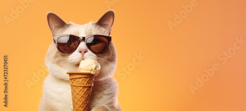 Funny animal pet summer holiday vacation photography banner - Closeup of cat with sunglasses, eating ice cream in cone, isolated on apricote background photo