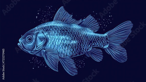  a drawing of a blue fish on a dark blue background with bubbles of water in the bottom right corner of the fish's head and bottom half of the fish's body. © Nadia