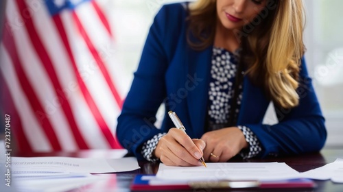 American government worker signing document, US flag in background