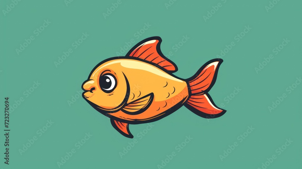 a gold fish with a big smile on it's face, on a blue and green background, with a smaller fish in the middle of it's left side. a gold fish with a big smile on it's face, on a blue and green background, with a smaller fish in the middle of it's left side.