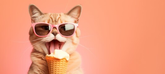 Funny animal pet summer holiday vacation photography banner - Closeup of cat with sunglasses, eating ice cream in cone, isolated on apricote background