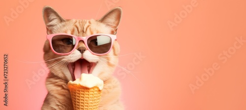 Funny animal pet summer holiday vacation photography banner - Closeup of cat with sunglasses  eating ice cream in cone  isolated on apricote background