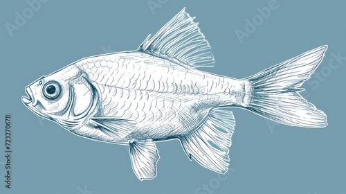  a black and white drawing of a fish on a blue background with a caption in the bottom right corner of the image that reads, a black and white drawing of a fish on a blue background.