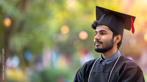 Young Indian guy wearing a graduate cap on a blurred background with space for text