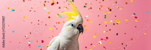 Happy parakeet wearing birthday hat with colorful confetti on pink background and plenty of copy space photo
