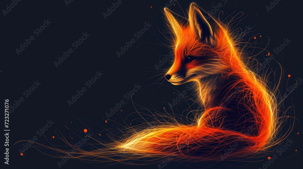  a red fox sitting on top of a black floor next to a black background with orange and red streaks on it's fur and a black background with a black background.
