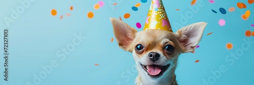 Happy chihuahua puppy dog wearing birthday hat with colorful confetti on blue background and plenty of copy space photo