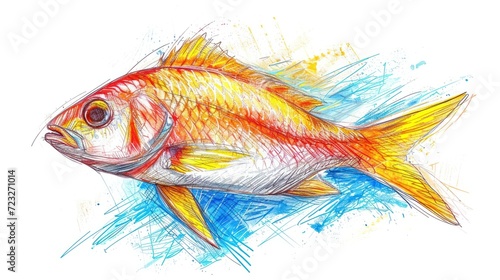  a drawing of a goldfish on a white background with blue and orange ink splatches on the bottom of the fish's head and bottom part of its body.