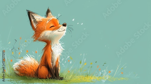  a drawing of a fox sitting in the grass with its eyes closed and its head turned to the side, with its eyes closed and mouth wide open, with its mouth wide open.