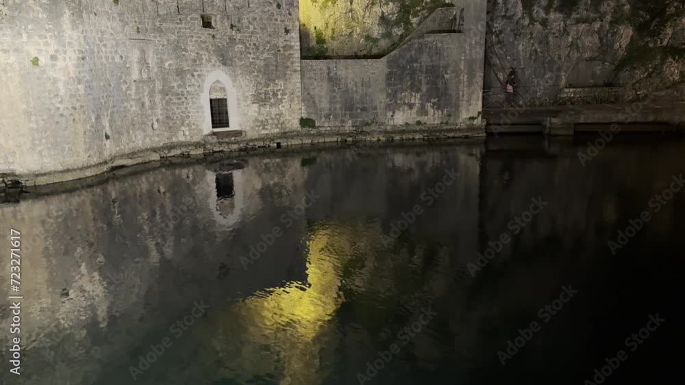 Kotor city old fortress waves Sea Bay day morning Boat buoy lights marina embankment Kotor city old fortress waves Sea Bay day morning Boat buoy lights marina embankment