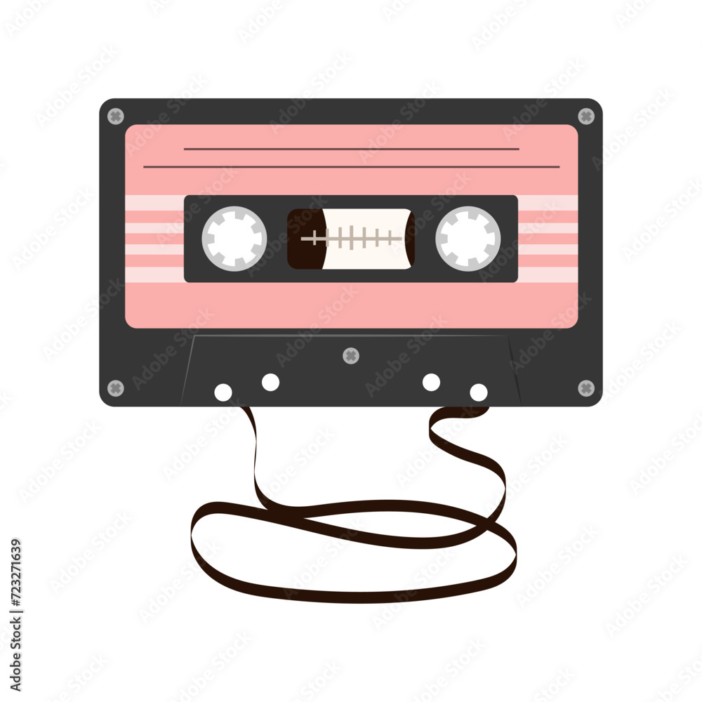 Audio cassette with magnetic tape flat vector illustration