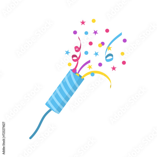 Exploded festive cracker with flying confetti. Congratulation and surprise concept.