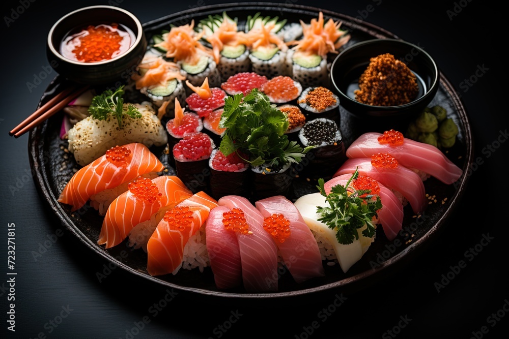 closeup big assorted set of tasty appetizing sushi and roll on plate on black background closeup big assorted set of tasty appetizing sushi and roll on plate on black background