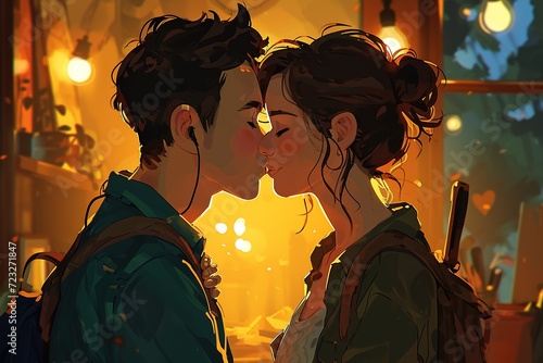 cartoon digital art illustration kiss between handsome loving couple, man and woman, romantic love postcard, profile view