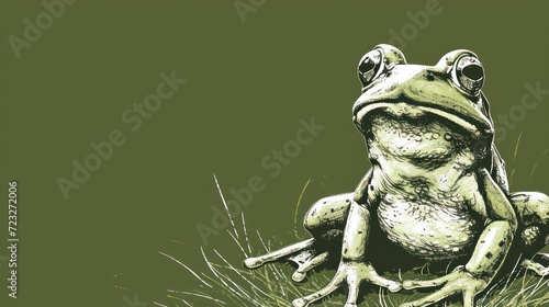  a drawing of a frog sitting on top of a grass covered field with its eyes open and eyes wide open, with grass in the foreground and a green background.