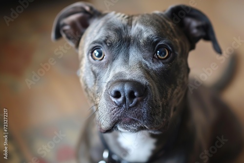 portrait of a adorable gray pitbull dog at home attentively looking at camera photo