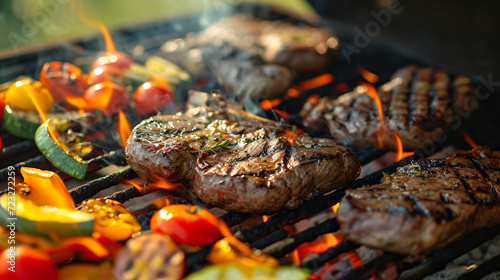 A rustic outdoor barbecue scene with sizzling steaks and colorful grilled vegetables on a smoky grill.
