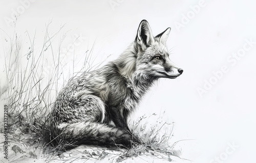 realistic pencil sketch of a fox in grass on white background photo
