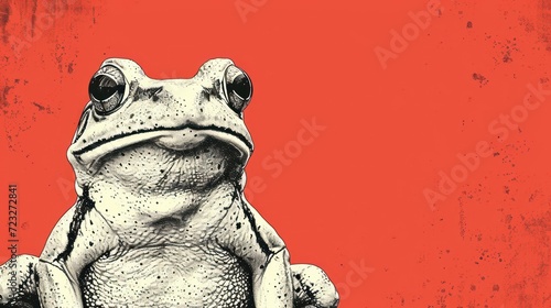  a close up of a frog sitting on top of a red background with a black outline of a frog sitting on top of a red background with a red background.