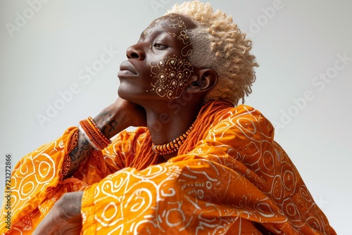 Portrait of an African man with tattoos on his face in orange clothes and glasses on a white background