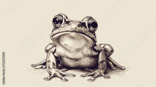  a drawing of a frog with big eyes and a sad look on it's face, sitting on the ground, with his legs crossed and his legs crossed. photo