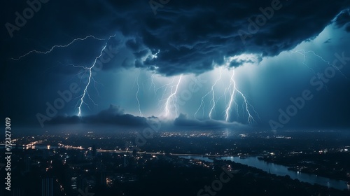 Lightning in the night sky. thunderstorm over the city. stormy dark clouds and rainy weather.