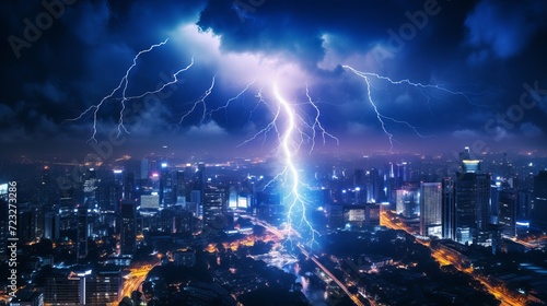 Lightning strike over a modern urban city at night