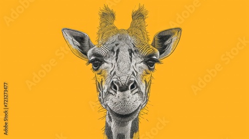  a close up of a giraffe's face on a yellow background with a black and white drawing of a giraffe's head on it.