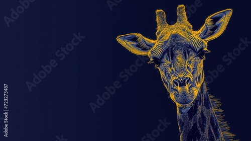  a close up of a giraffe's head with a blue background and a yellow line across the top of the giraffe's neck and neck.