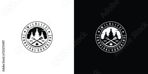 Vintage Wildlife Outdoor Logo. Campfire Survival Cook Skill Retro Label Stamp Hipster. Adventure Logo Icon Symbol Vector Design Template.