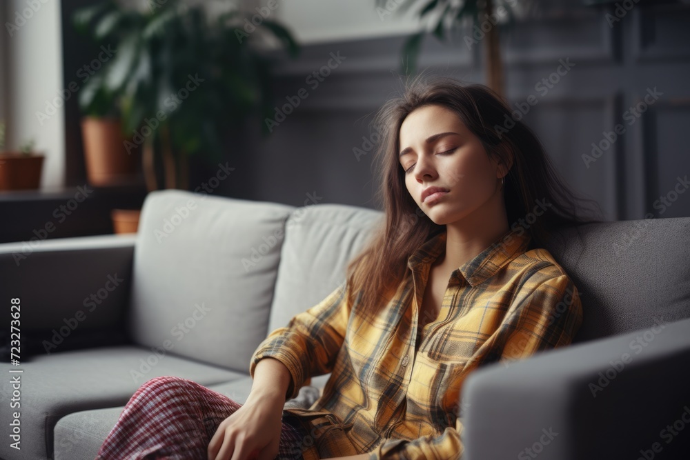 Exhausted Young Woman Napping on Comfortable Sofa After Hard Day's Work. Fatigue and Burnout Exhausted Young Woman Napping on Comfortable Sofa After Hard Day's Work. Fatigue and Burnout