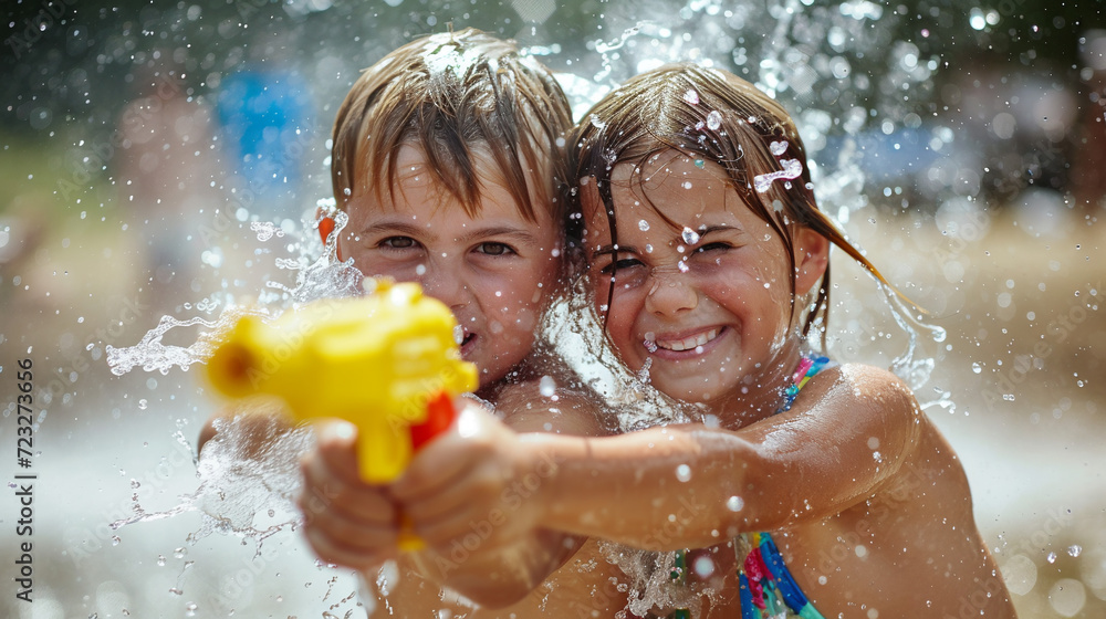 Children play water gun fight. 