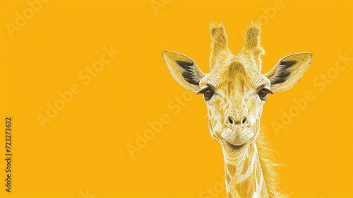  a close up of a giraffe's face on a yellow background with only the head of a giraffe in the foreground and a third giraffe in the foreground.