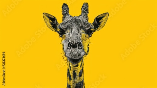  a close up of a giraffe's face on a yellow background with a black and white drawing of a giraffe's head on it.