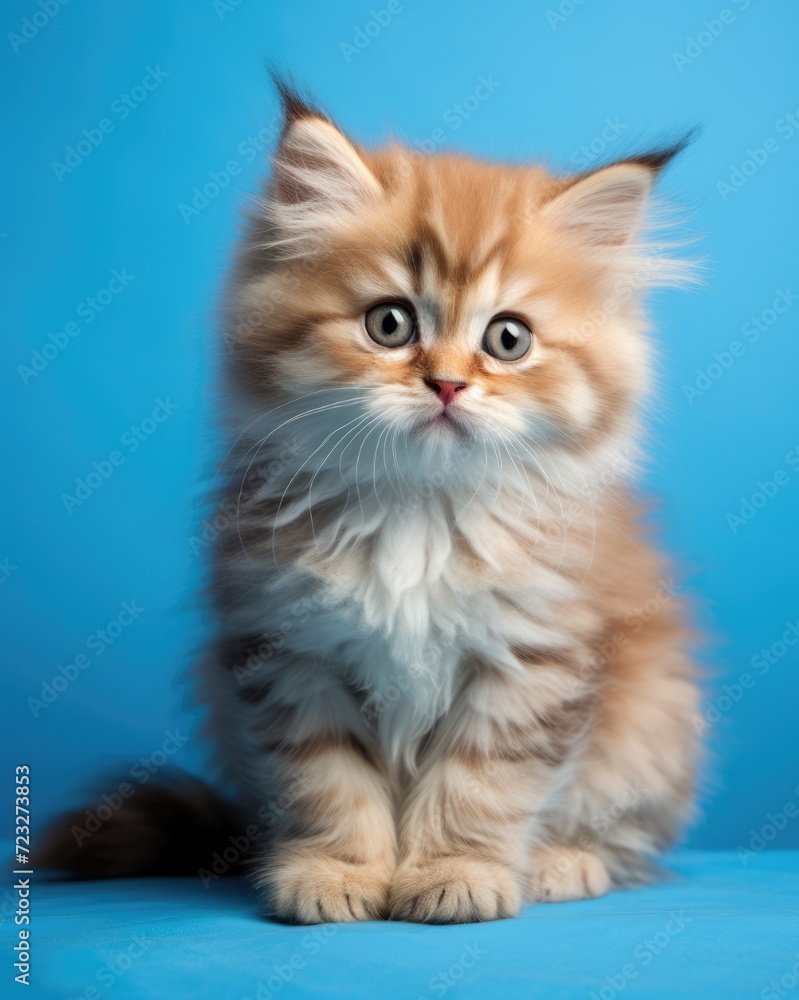 Fluffy Kitten. Cute and Adorable Baby British Cat with Fluffy Fur Sitting on Blue Background