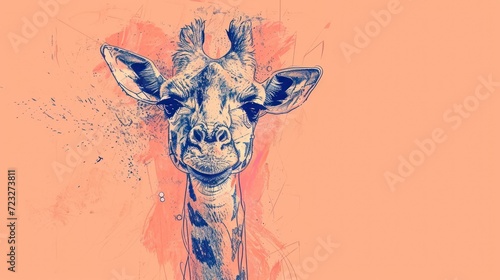  a close up of a giraffe's face on an orange and pink background with a splash of paint on the back of the giraffe's head.