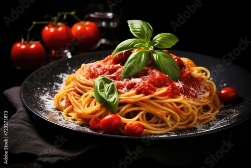 Delicious Italian Spaghetti Served on a Black Plate with Fresh Tomatoes, Red Sauce, and Basil