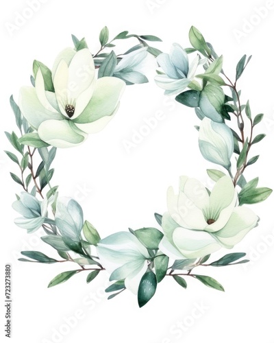 Watercolor Floral Wreath with Magnolias, Green Leaves and Branches for Wedding, Greeting