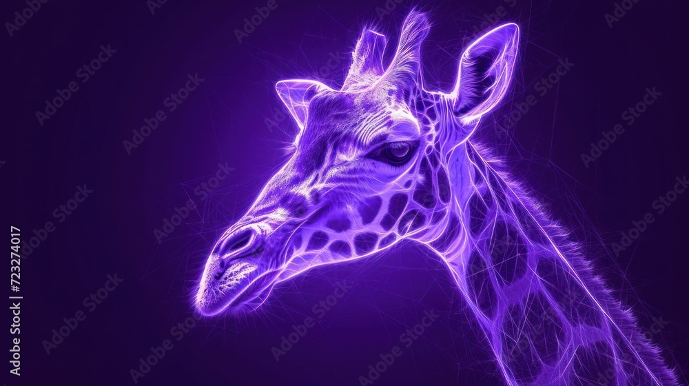  a close up of a giraffe's head on a purple background with lines in the foreground and in the background, it's head is a purple light.