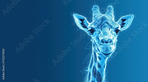  a close up of a giraffe's face with a blurry image of the giraffe's head in the middle of the image, with a blue background.