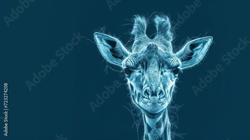  a close up of a giraffe s face on a blue background with a blurry image of the head and neck of a giraffe s head.