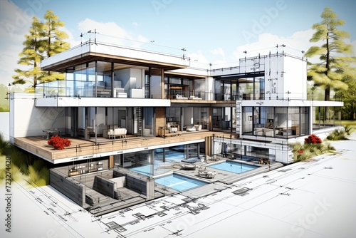 Modern luxury home architecture building sketch 3d illustration background © pixeness