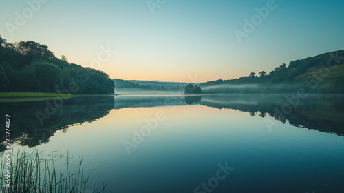 A serene lake at sunrise with a mirror-like reflection of the surrounding landscape.
