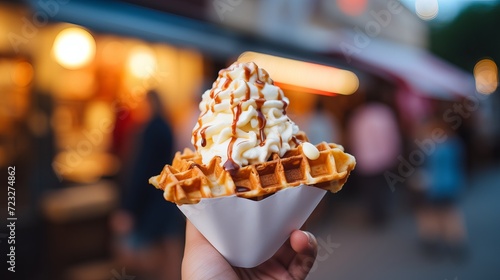 Man holds bubble waffle from street food truck photo