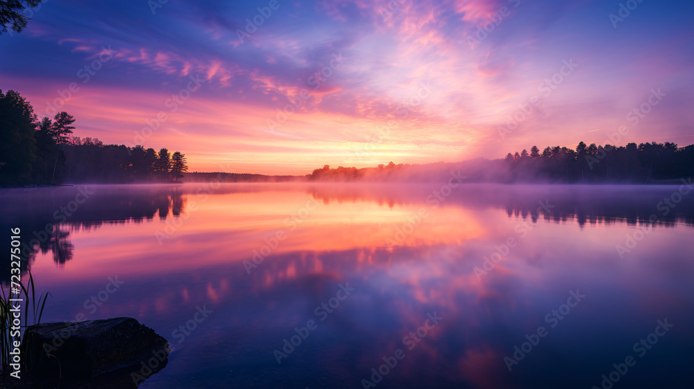A serene lake at sunrise with mist rising off the water and a colorful sky.