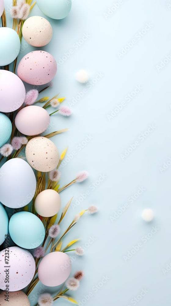 Easter festive background, Sea of glowing pastel Easter eggs, holiday event promotions banner frame for text.