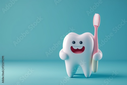 3D model of a veela tooth with a cheerful smile and a Toothbrush on a pink, blue background with space for your text, children's dentist