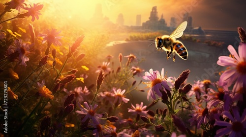Group of bee is flaying at the flowers garden with beautiful sunset view in the summer season. Created with Generative AI